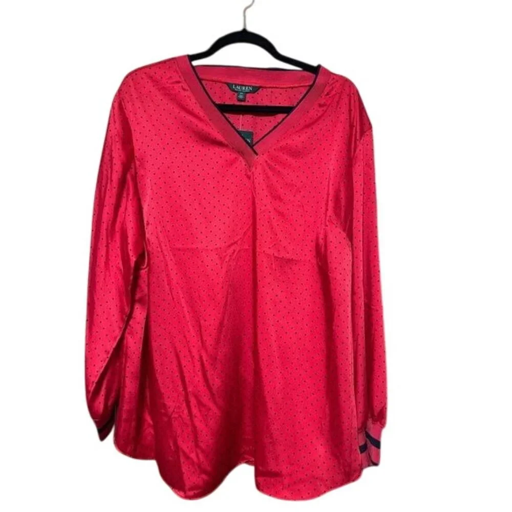 Lauren Ralph Lauren Polka Dot Silky Top Pullover Red Navy Womens Plus Size 2X - Picture 3 of 8